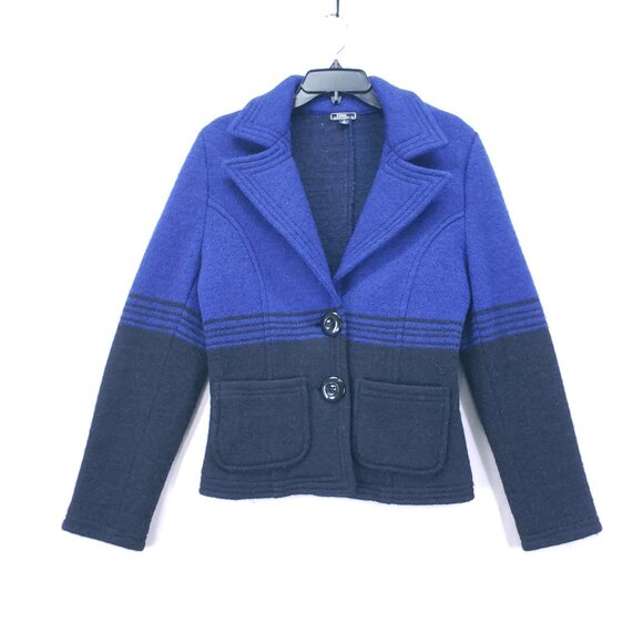 Lisa International Boiled Wool Sweater Blazer Jacket Blue Black Color Block S - Picture 1 of 13